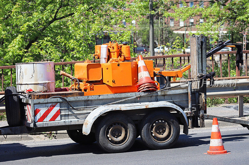 Construction trailer at the road renovation